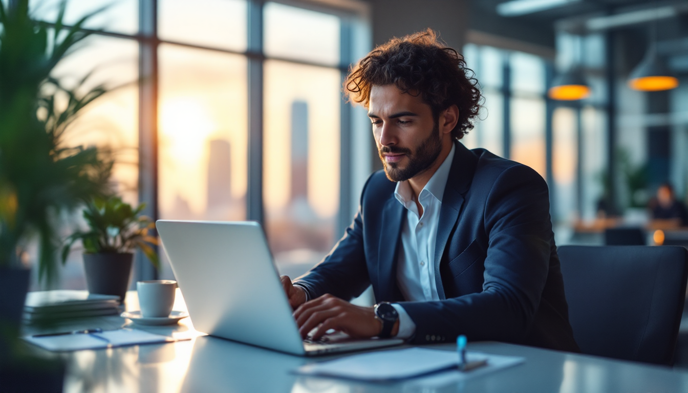 Young man works in office