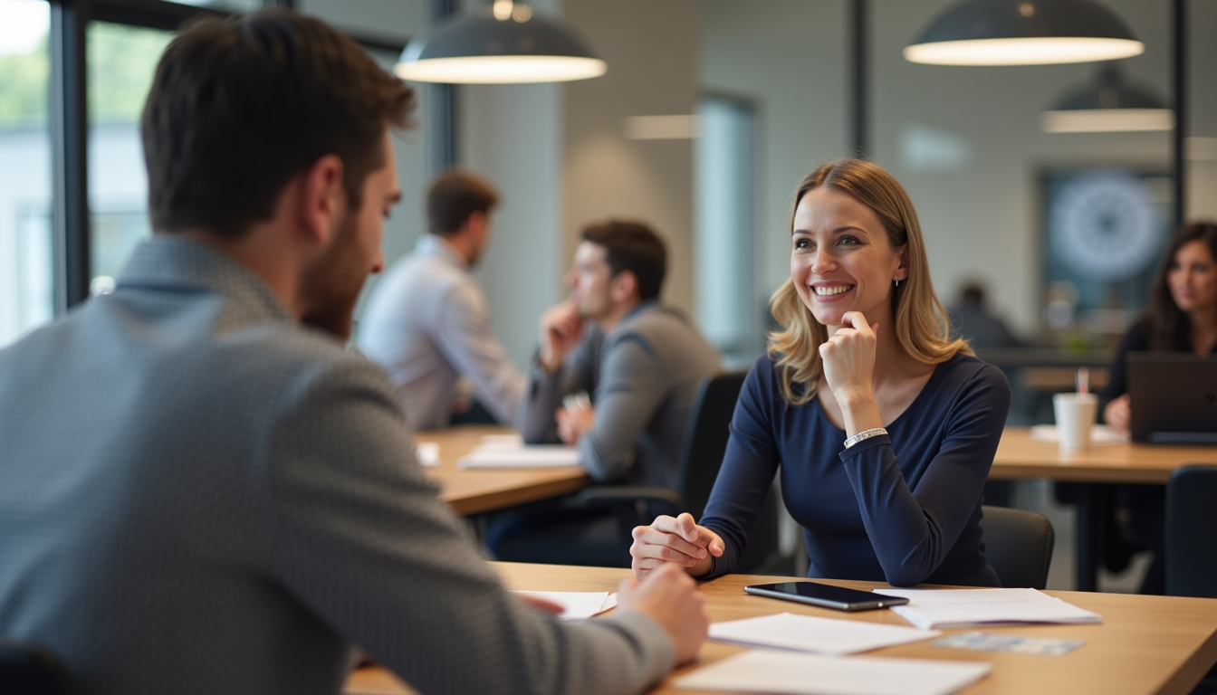 Two colleagues sitting at a table are exchanging feedback.