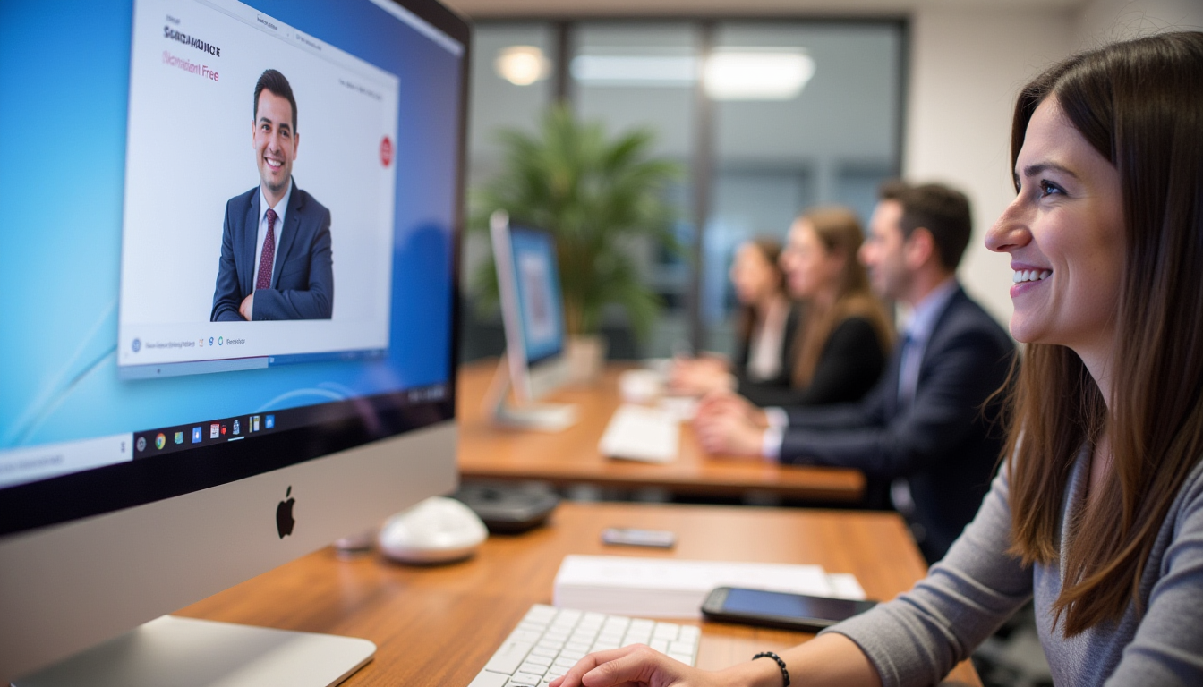 Employee attends a video training session in the office